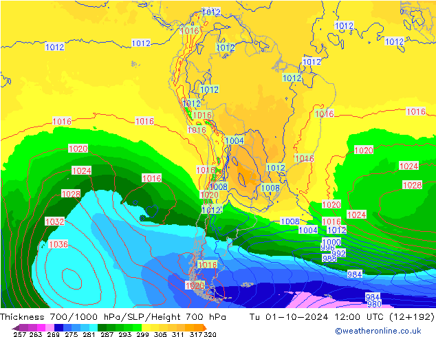 Thck 700-1000 hPa GFS Tu 01.10.2024 12 UTC