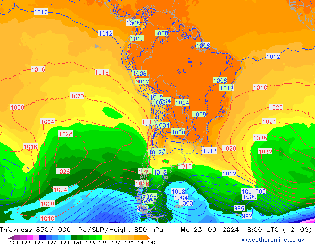 Thck 850-1000 hPa GFS lun 23.09.2024 18 UTC