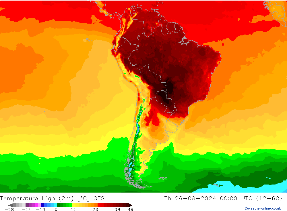 Temperature High (2m) GFS Th 26.09.2024 00 UTC