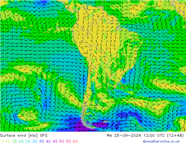 ветер 10 m GFS ср 25.09.2024 12 UTC