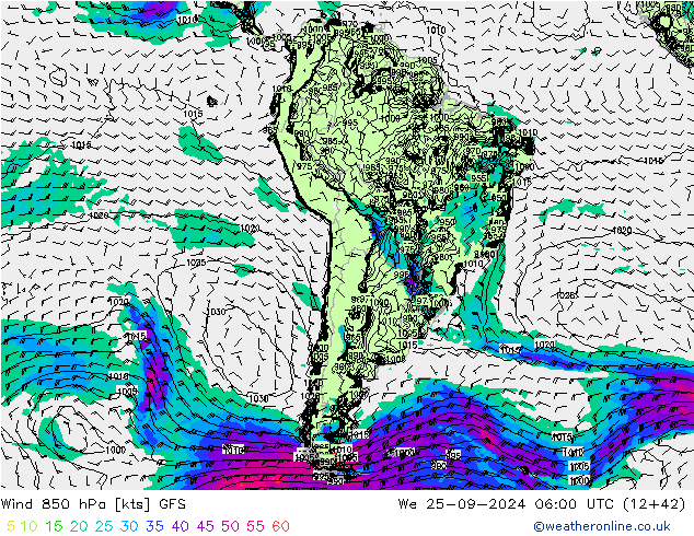 Wind 850 hPa GFS We 25.09.2024 06 UTC