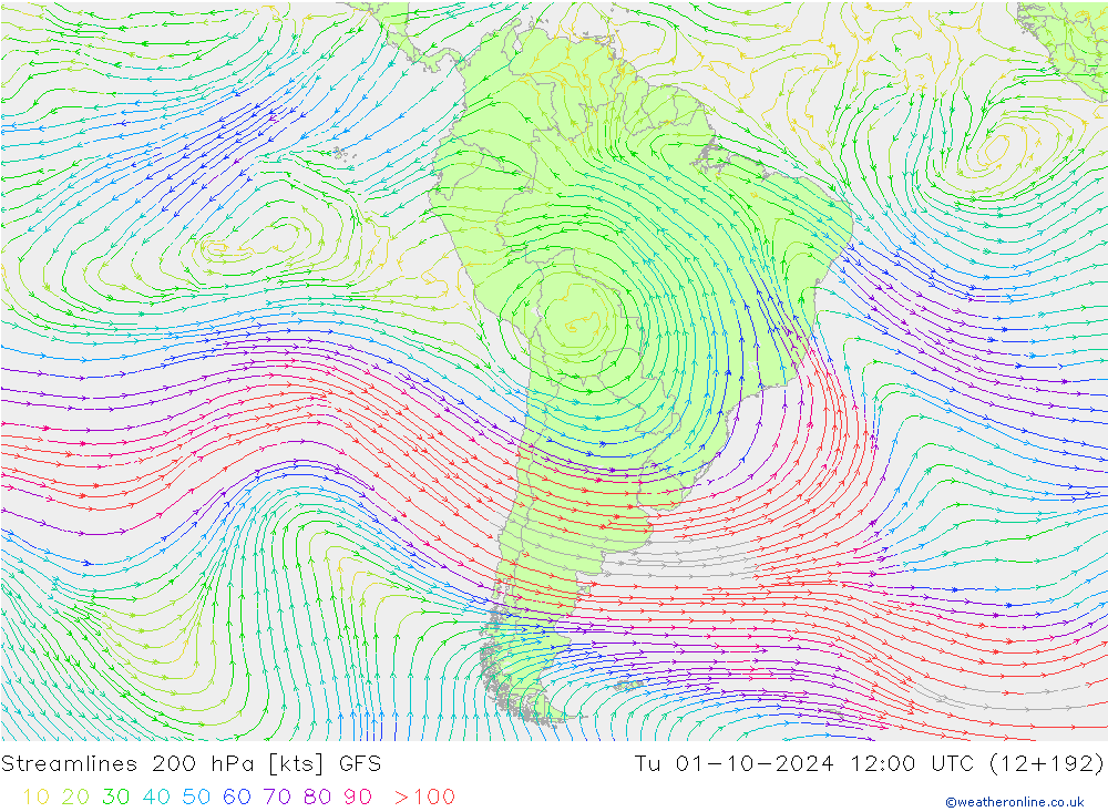 Streamlines 200 hPa GFS Tu 01.10.2024 12 UTC