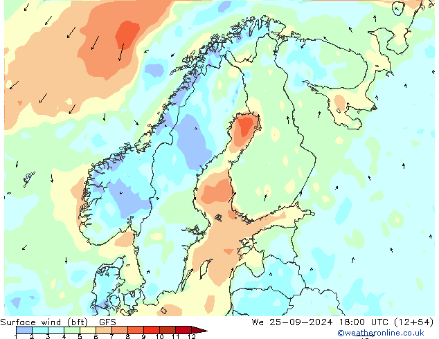 Vent 10 m (bft) GFS mer 25.09.2024 18 UTC