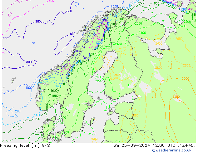 Isotherme 0° GFS mer 25.09.2024 12 UTC