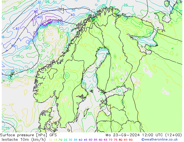 Isotachen (km/h) GFS Mo 23.09.2024 12 UTC