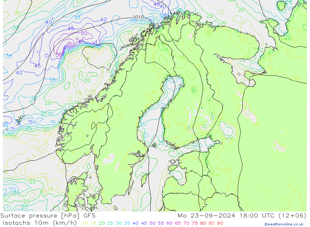 Isotachs (kph) GFS  23.09.2024 18 UTC