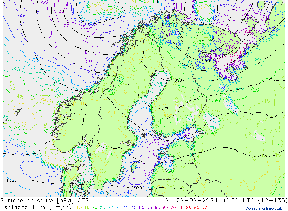 Eşrüzgar Hızları (km/sa) GFS Paz 29.09.2024 06 UTC