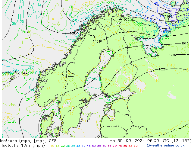 Isotachs (mph) GFS Po 30.09.2024 06 UTC