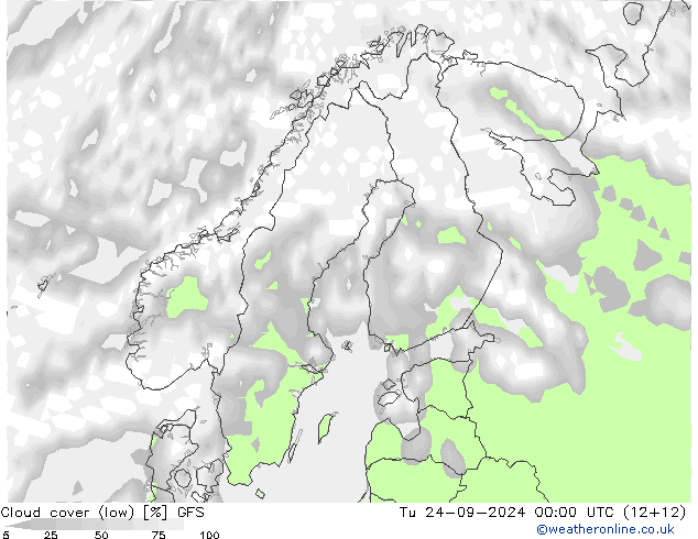 Cloud cover (low) GFS Tu 24.09.2024 00 UTC