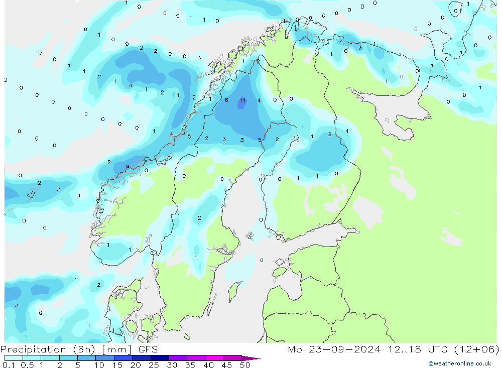 Precipitation (6h) GFS Mo 23.09.2024 18 UTC