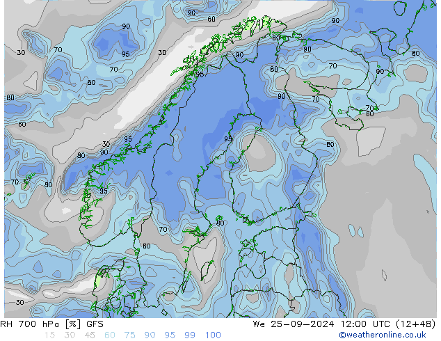 Humidité rel. 700 hPa GFS mer 25.09.2024 12 UTC