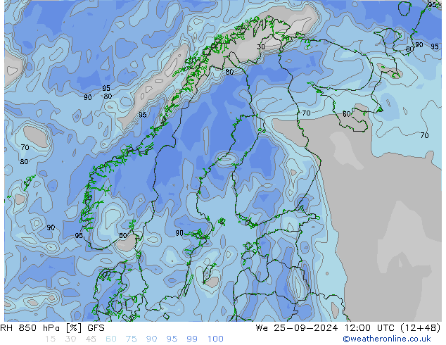 Humedad rel. 850hPa GFS mié 25.09.2024 12 UTC