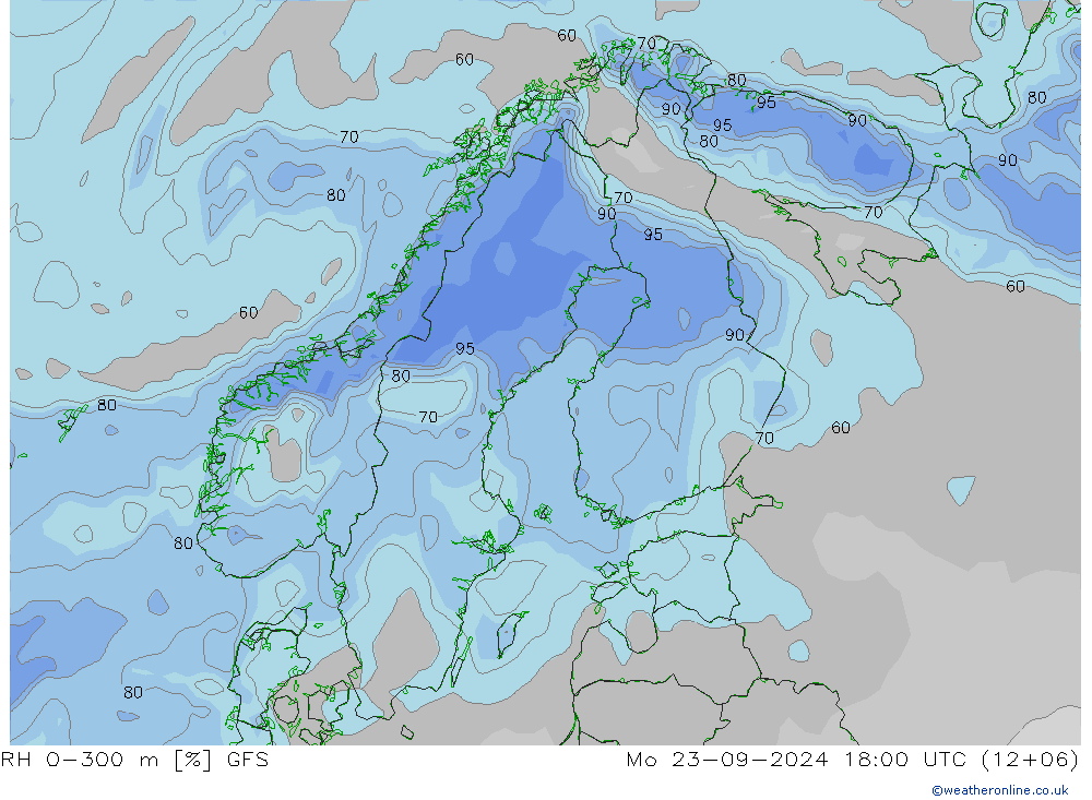 RH 0-300 m GFS Seg 23.09.2024 18 UTC