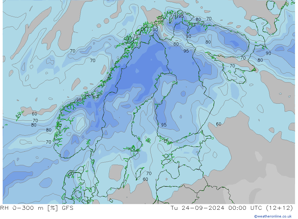 RH 0-300 m GFS Tu 24.09.2024 00 UTC