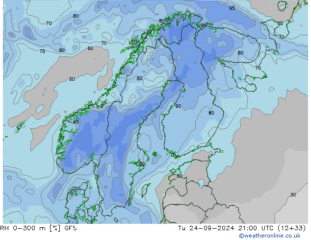 RH 0-300 m GFS Tu 24.09.2024 21 UTC