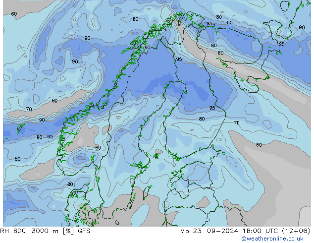 RH 600-3000 m GFS Mo 23.09.2024 18 UTC