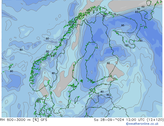 Humidité rel. 600-3000 m GFS sam 28.09.2024 12 UTC