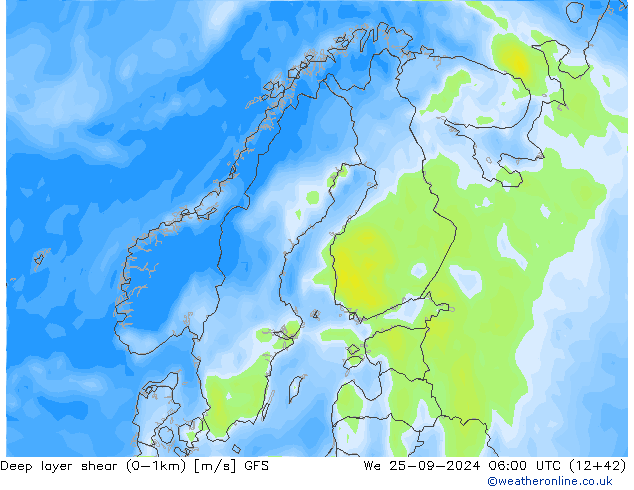 Deep layer shear (0-1km) GFS mer 25.09.2024 06 UTC