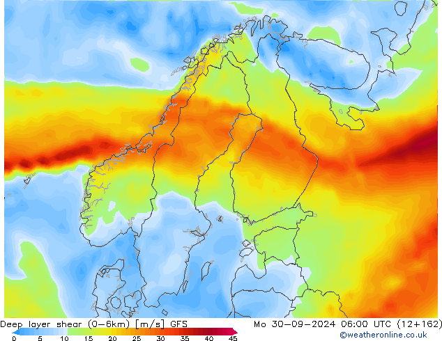 Deep layer shear (0-6km) GFS Pzt 30.09.2024 06 UTC