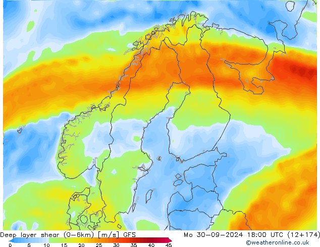 Deep layer shear (0-6km) GFS lun 30.09.2024 18 UTC