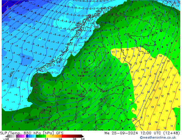 SLP/Temp. 850 hPa GFS Qua 25.09.2024 12 UTC