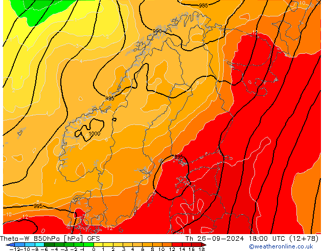 Theta-W 850hPa GFS jue 26.09.2024 18 UTC