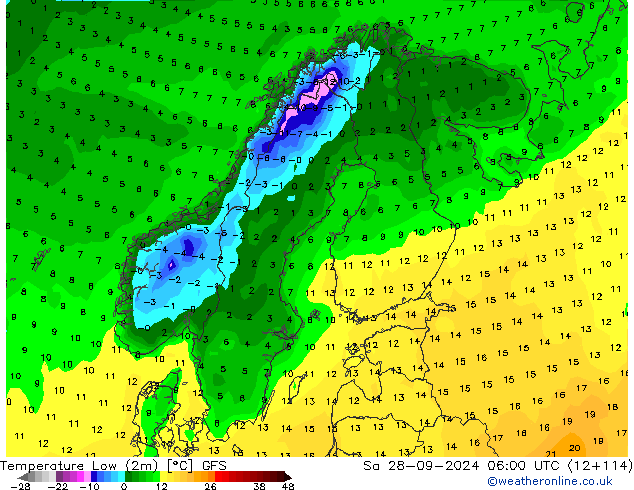 Temperatura mín. (2m) GFS sáb 28.09.2024 06 UTC