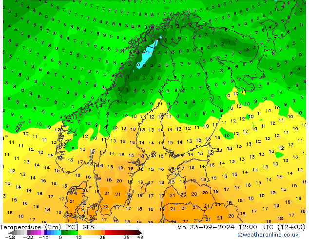 Temperature (2m) GFS Mo 23.09.2024 12 UTC