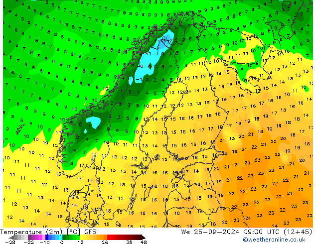 Temperature (2m) GFS We 25.09.2024 09 UTC