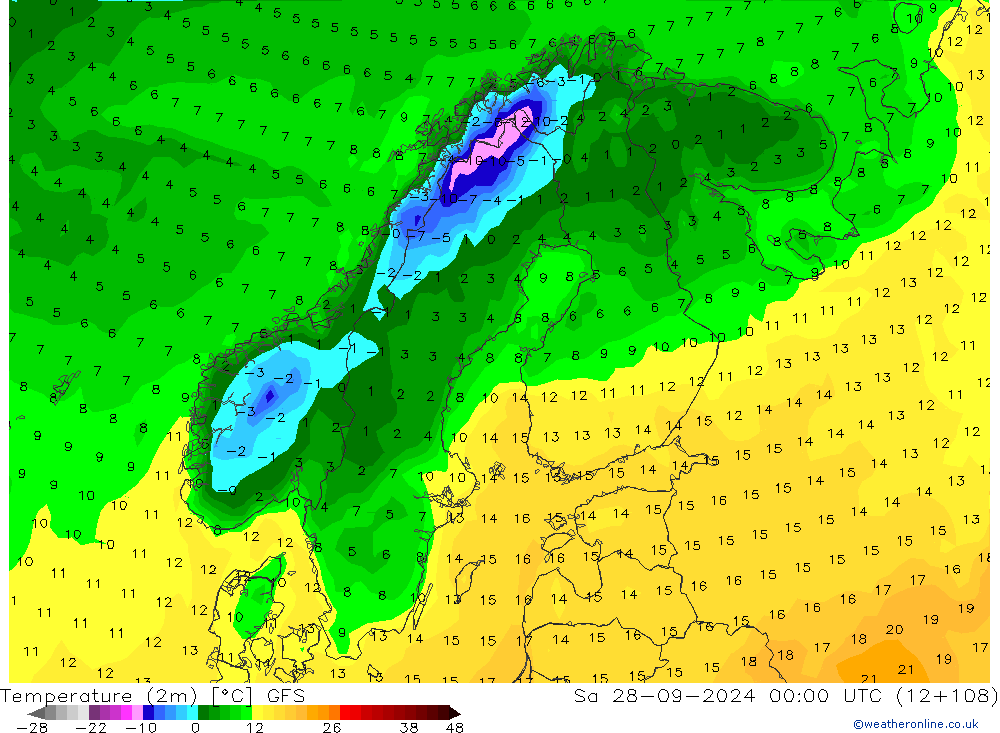 Temperatura (2m) GFS sab 28.09.2024 00 UTC