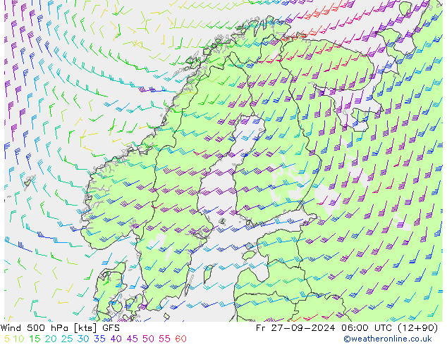 Vento 500 hPa GFS ven 27.09.2024 06 UTC