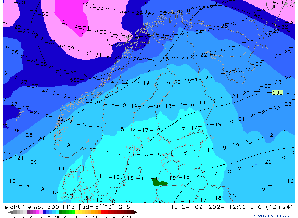 Z500/Rain (+SLP)/Z850 GFS Tu 24.09.2024 12 UTC