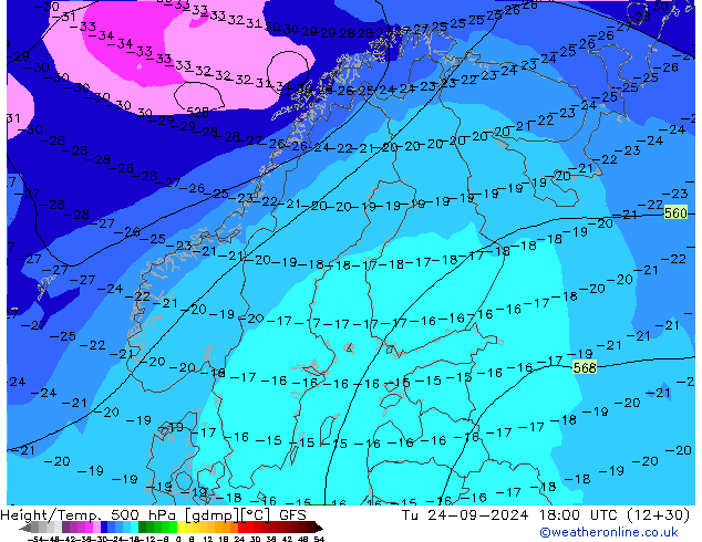 Z500/Rain (+SLP)/Z850 GFS Tu 24.09.2024 18 UTC