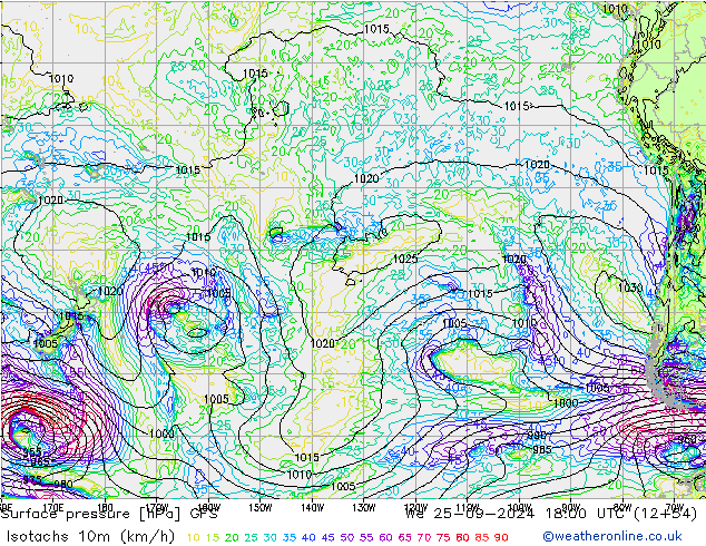 Isotachs (kph) GFS mer 25.09.2024 18 UTC