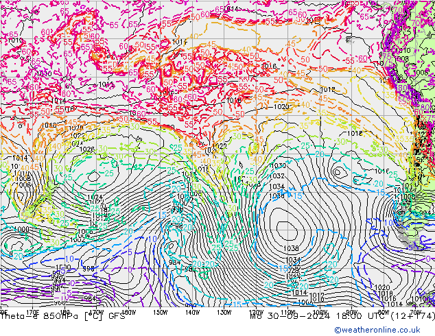 Theta-e 850hPa GFS lun 30.09.2024 18 UTC