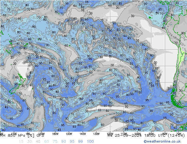 RH 850 hPa GFS mer 25.09.2024 18 UTC