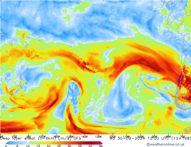 Deep layer shear (0-6km) GFS lun 30.09.2024 12 UTC