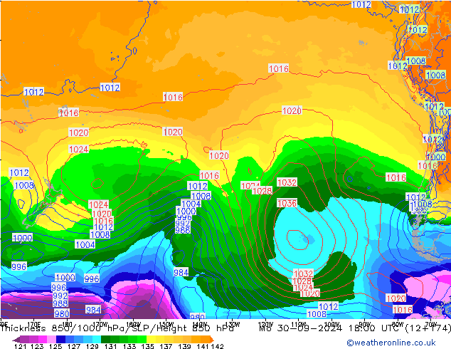 Thck 850-1000 hPa GFS lun 30.09.2024 18 UTC