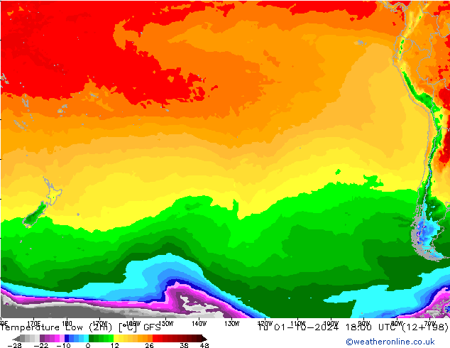 temperatura mín. (2m) GFS Ter 01.10.2024 18 UTC