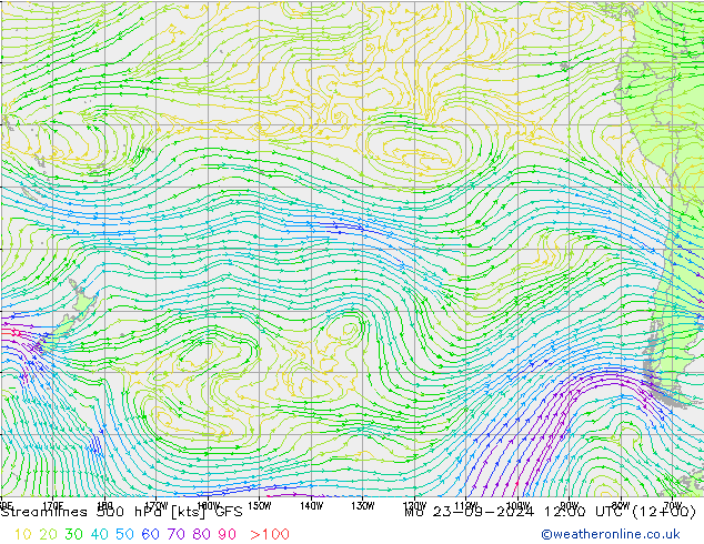 Linia prądu 500 hPa GFS pon. 23.09.2024 12 UTC