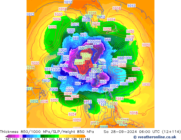 Espesor 850-1000 hPa GFS sáb 28.09.2024 06 UTC