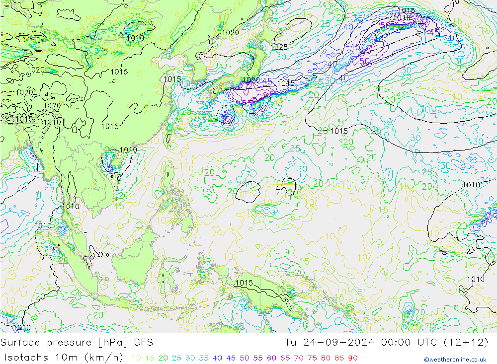 Isotachs (kph) GFS Tu 24.09.2024 00 UTC