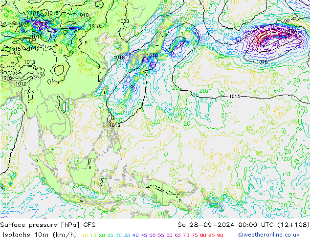 Isotachs (kph) GFS  28.09.2024 00 UTC