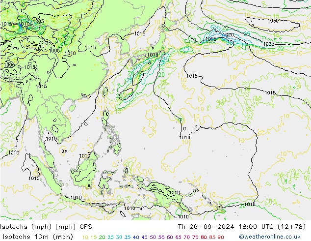 Isotachs (mph) GFS gio 26.09.2024 18 UTC