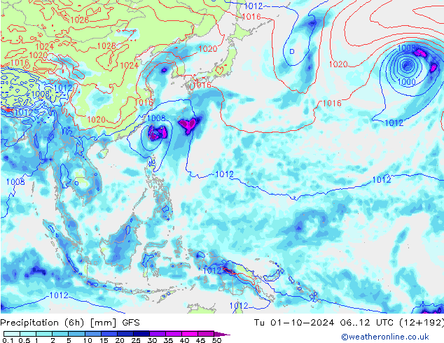 Precipitation (6h) GFS Tu 01.10.2024 12 UTC