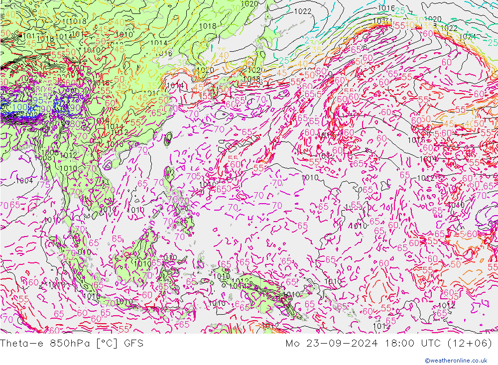 Theta-e 850hPa GFS Po 23.09.2024 18 UTC