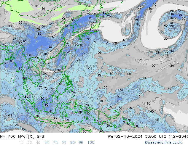 RH 700 hPa GFS mer 02.10.2024 00 UTC