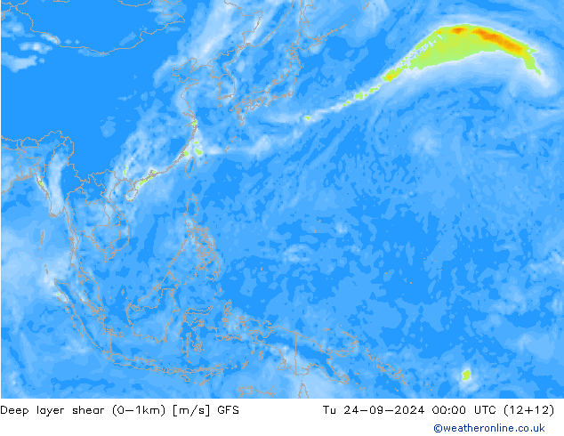 Deep layer shear (0-1km) GFS Di 24.09.2024 00 UTC