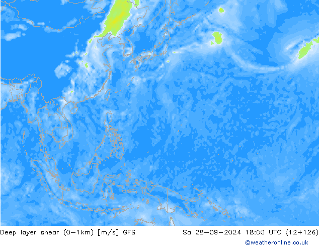 Deep layer shear (0-1km) GFS сб 28.09.2024 18 UTC