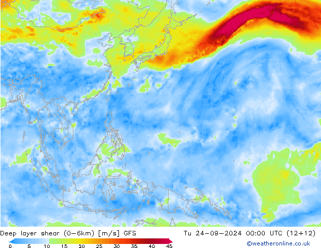 Deep layer shear (0-6km) GFS вт 24.09.2024 00 UTC